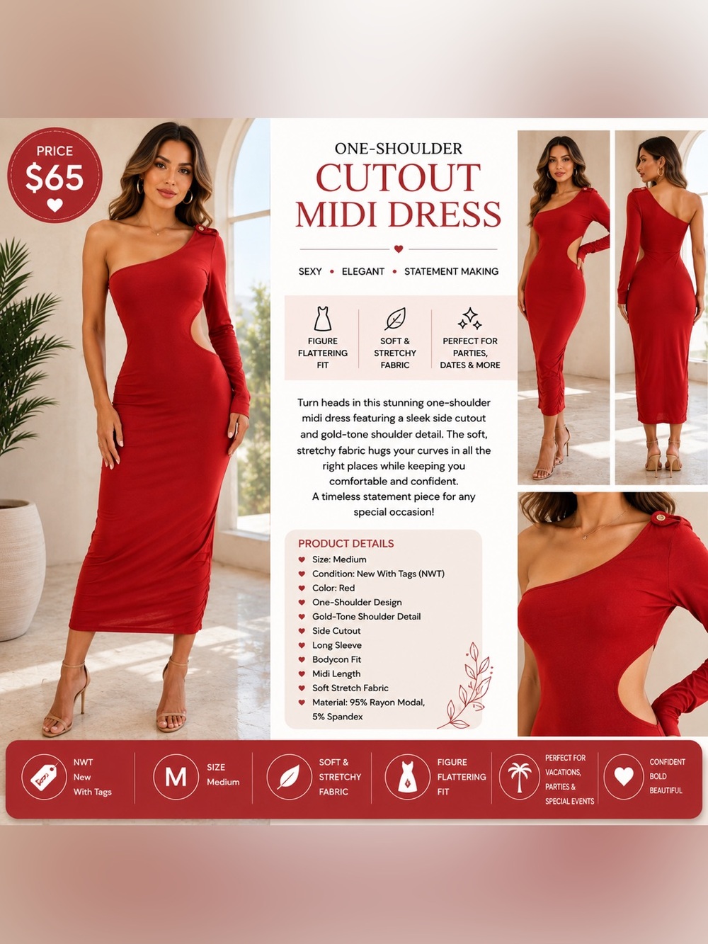 One-Shoulder Red Cutout Midi Dress by